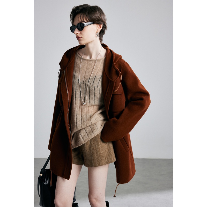 Handmade Double-faced Wool Coat For Women Style For Small People To Wear100%Wool Mid-length Coat With Hood
