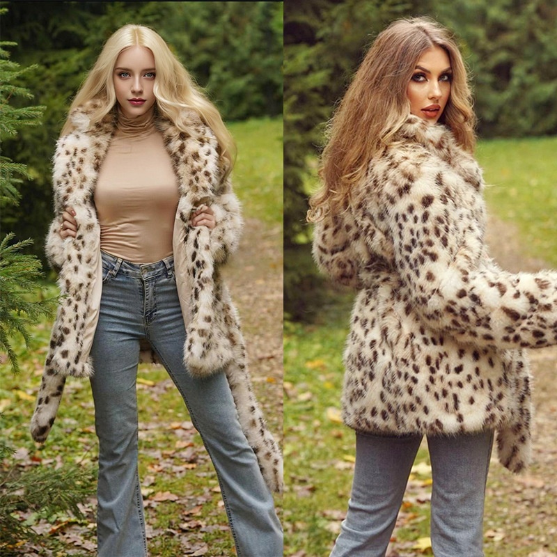 Fashion Elegant Faux Fur Leopard Print Coat Suit Collar Belt Mid-length Top