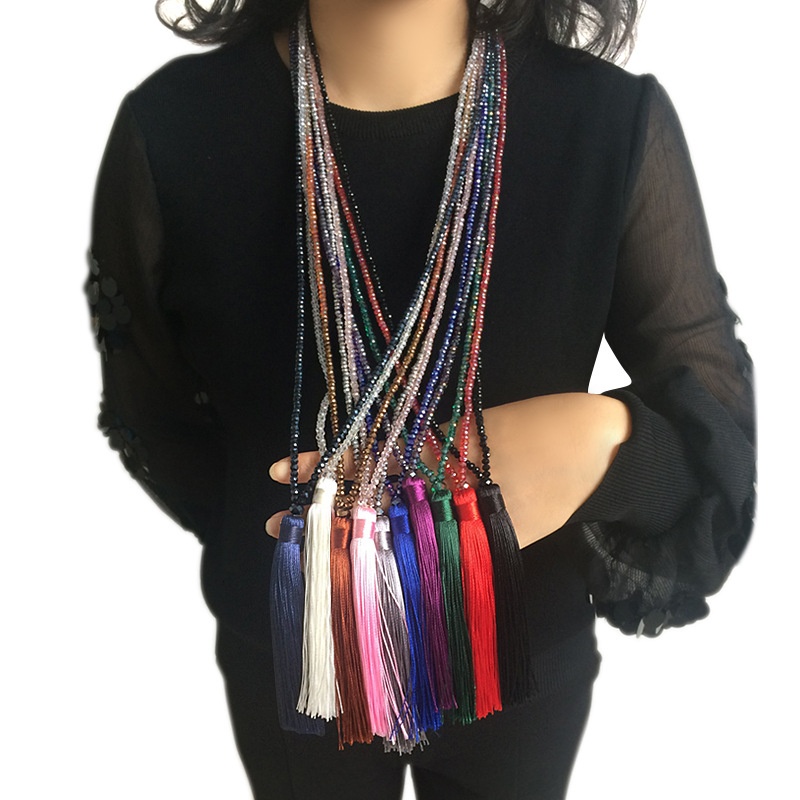 10 Colored Velvet Silk Pendant Crystal Beaded Necklace Tassel Sweater Chain Women's European And American Handmade Long Necklace Jewelry