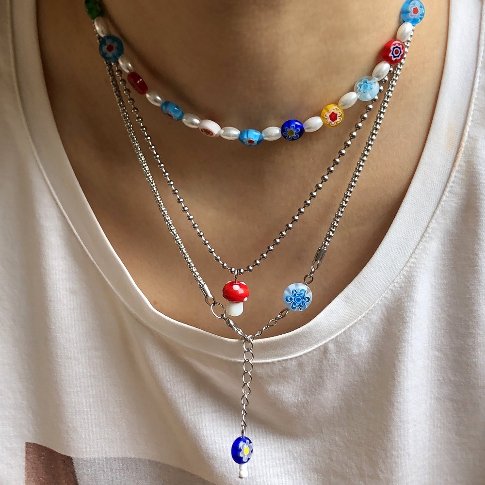 South Korea's Dongdaemun Cold Style Metal Stacked Pearl Niche Color Glass Flower Mushroom Pendant Necklace Female
