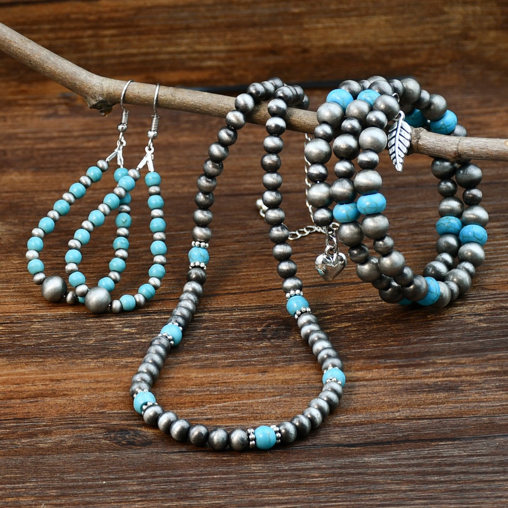 Personalized Retro Western Navajo Pearls Ancient Tin Beaded Necklace Bracelet Drop-Shaped Earrings Set