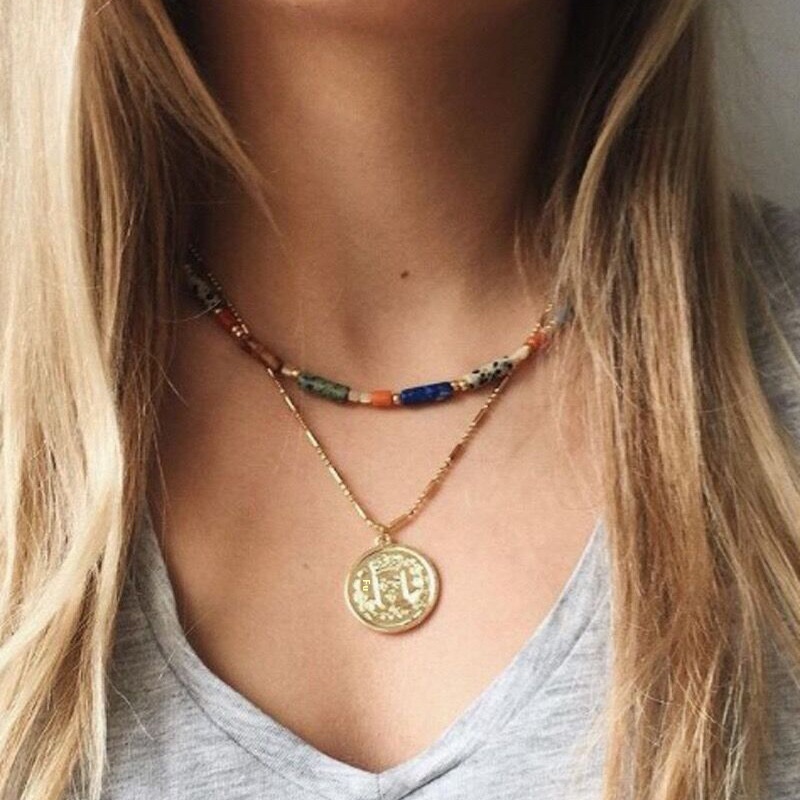Mixed Style French Retro Beaded Gold Necklace Female Summer Handmade Design Semi-precious Stone Lapis Lazuli Clavicle Chain