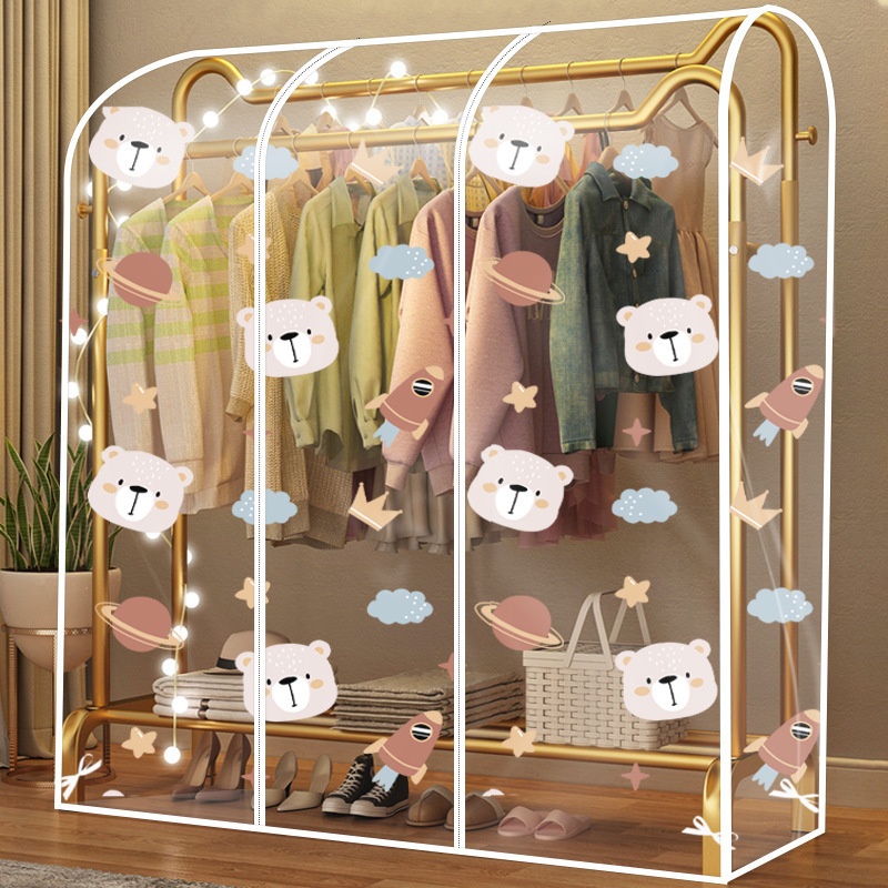 PEVAFloor-standing Clothes Hanger Dust Cover Household Cartoon Print Space Bear Pattern Clothes Dust Cover Storage