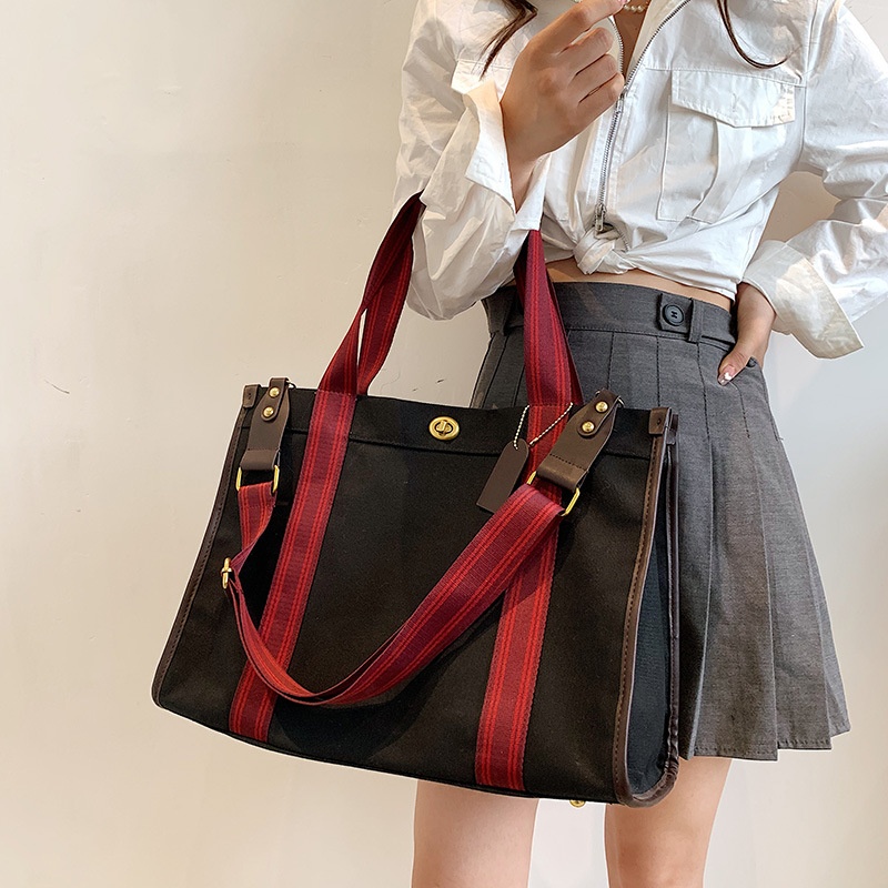 Foreign Trade Canvas Contrast Color Handbag Tote Bag Retro Fashion Large And Small Shoulder Messenger Bag
