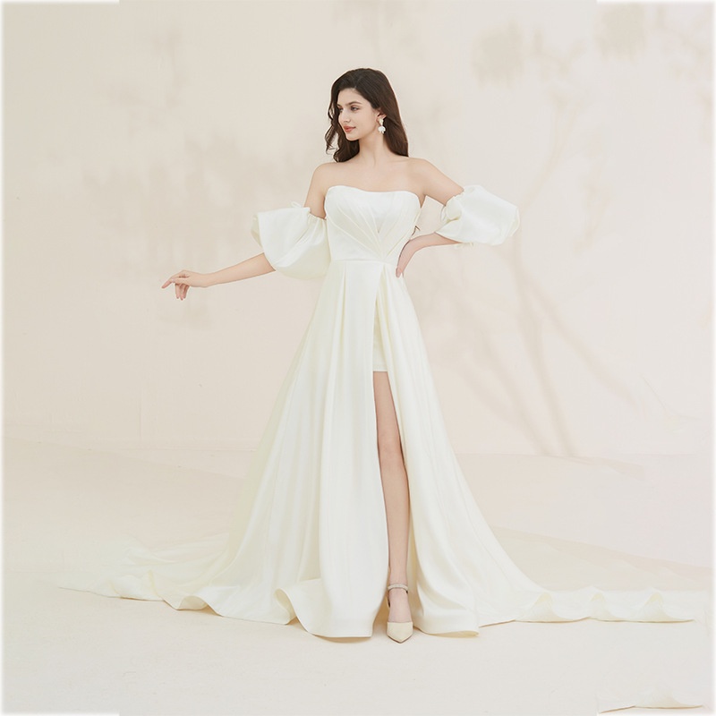 Halter Neck Satin High-end Women's Dress Long Dress Waist Lantern Short-sleeved Light Wedding Dress