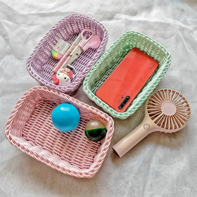Creative Imitation Rattan Snack Storage Basket Home Living Room Stationery Desktop Storage Basket Plastic Candy Woven Basket