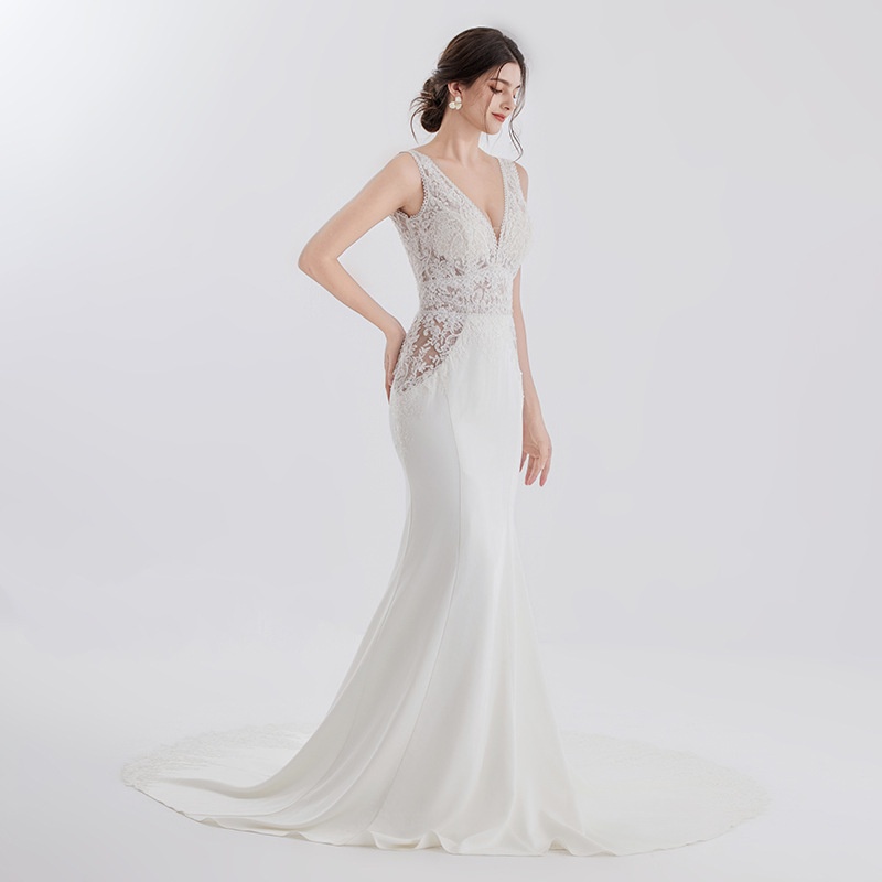 European And American Women's Clothing High-end Solid Color Long Dress Deep VWedding Dress