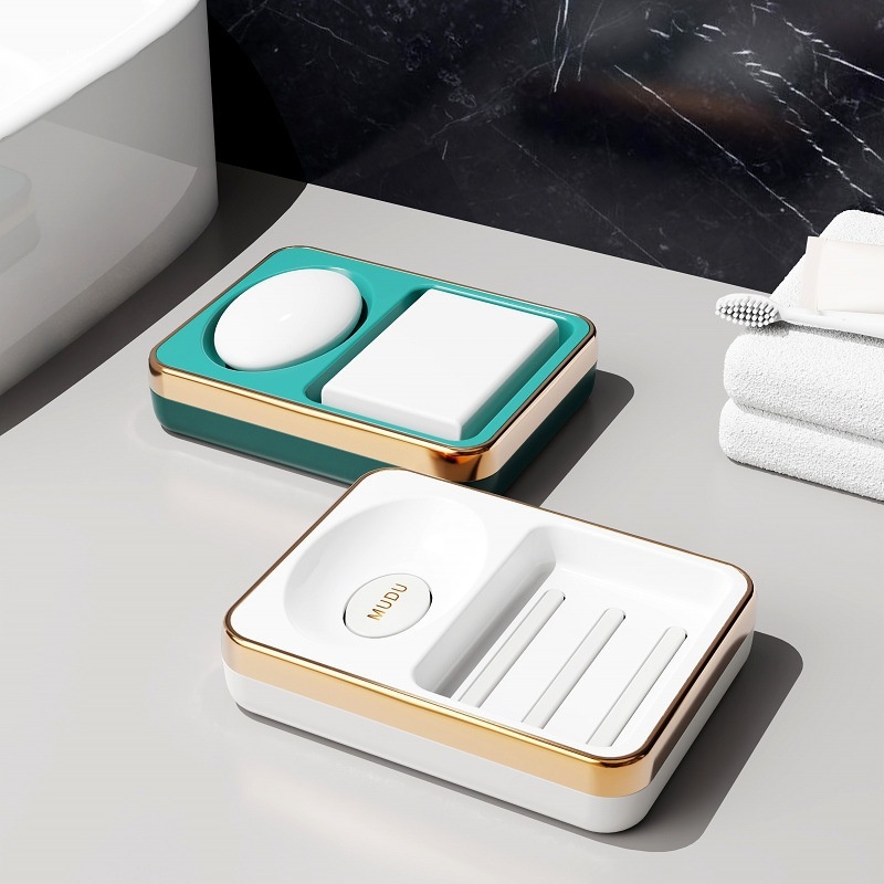 Light Luxury Double-grid Soap Box Bathroom Laundry Soap Storage Box Creative Large Drain Soap Rack Without Punching