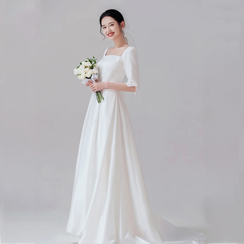 Satin Light Wedding Dress Square Collar Long Simple Slim Wedding Dress Travel Photography Registration Certificate Light Wedding Dress