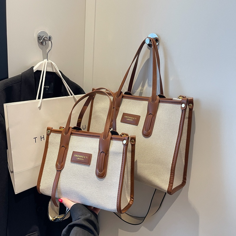 Large-capacity Handbag For Women Styley Canvas Contrast Color Tote Bag Daily Commuting Shoulder Messenger Bag