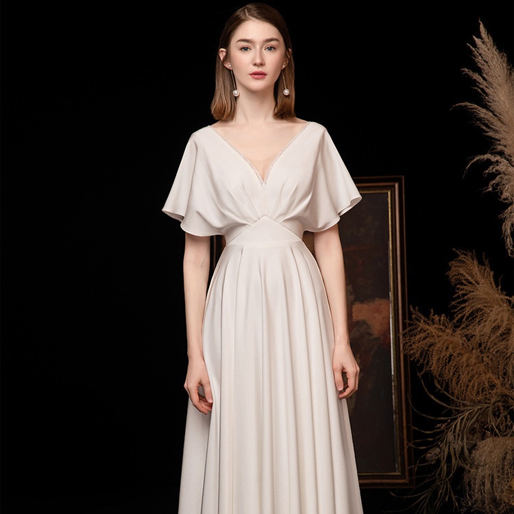 Light Wedding Dress Pure Color Simple Style Female Temperament Satin Wedding Dress Forest Style Slim Cover Arm Banquet Evening Dress