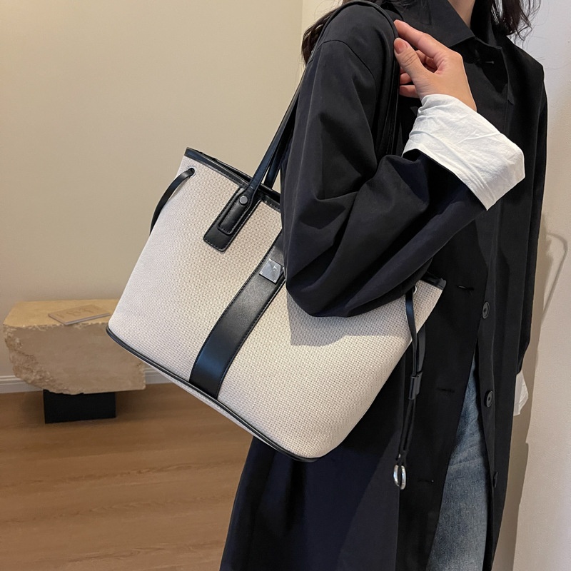 Foreign Trade Bags For Women European And American Retro Hand-held Canvas Bags Large Capacity Contrast Color Shoulder Tote Bags