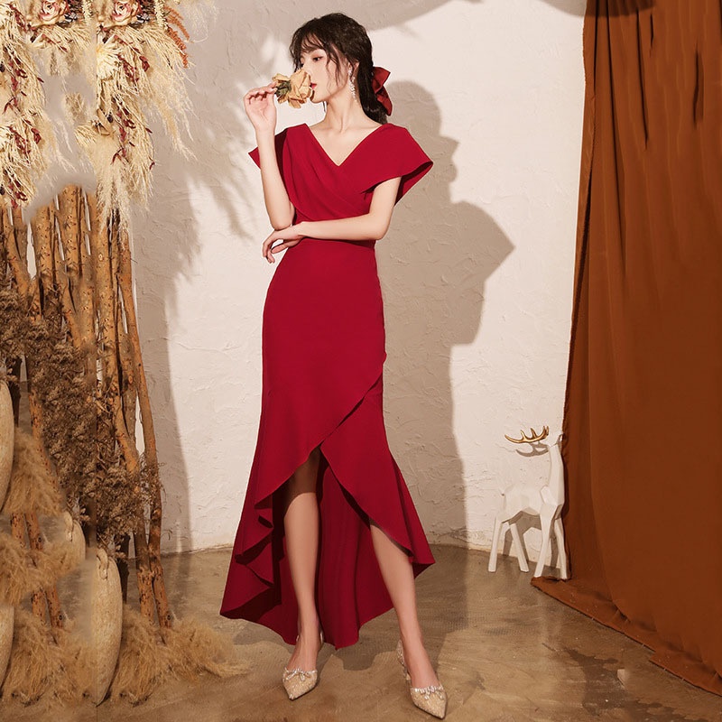 Bride Toast Dress Spring Red V-neck Fishtail Atmospheric Host Banquet Evening Dress Long