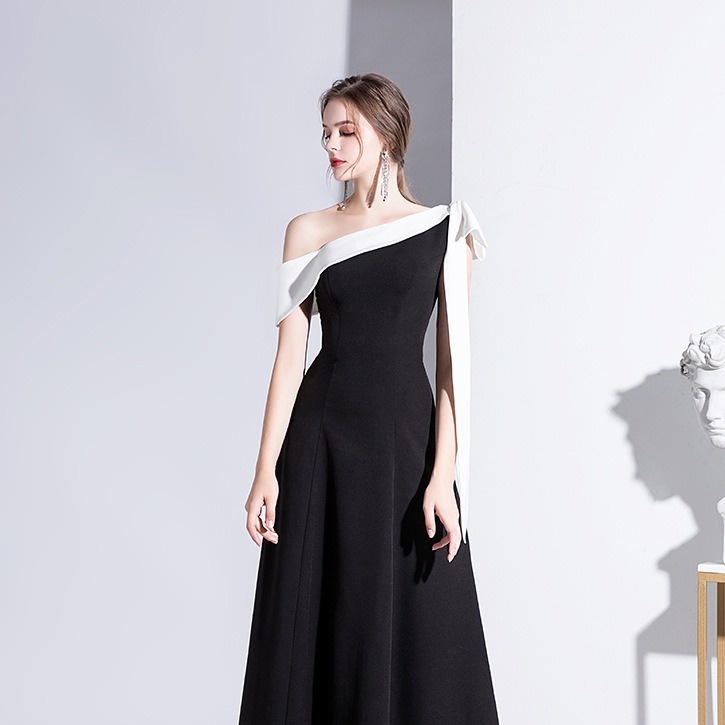 Black Evening Dress For Women Summer One-shoulder Celebrity Temperament Banquet Dress Slim Long Daily Dress