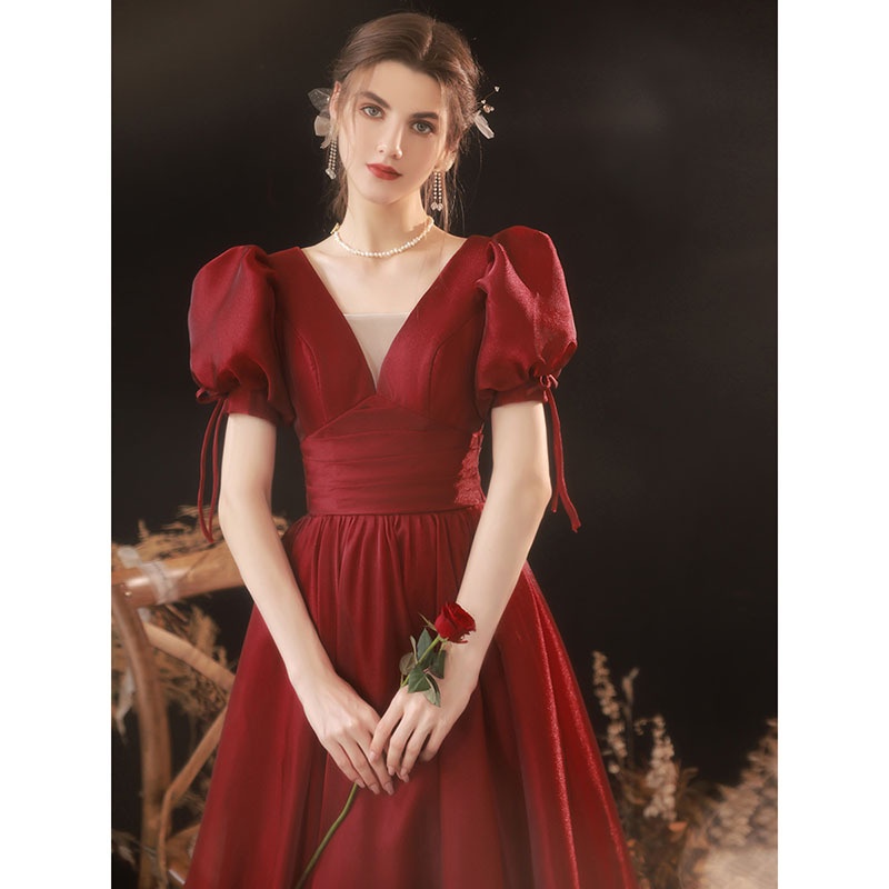 Runaway Princess Toast Dress Bride Wedding Engagement Wine Red Banquet Temperament Evening Dress Puff Sleeves