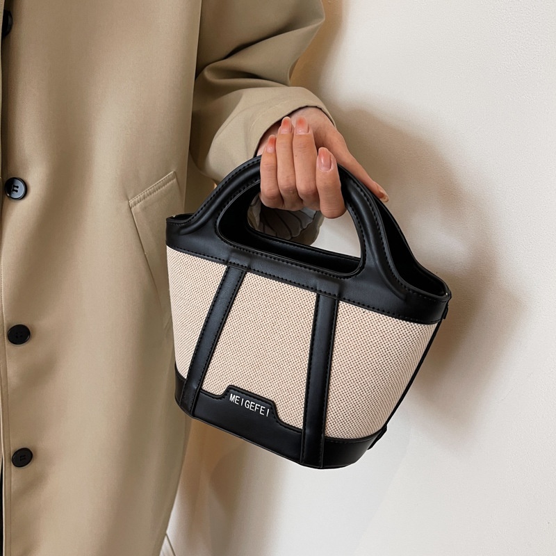 Bags For Women Canvas Contrast Color Stitching Hand-held Bucket Bag Niche Fashion Shoulder Messenger Bag
