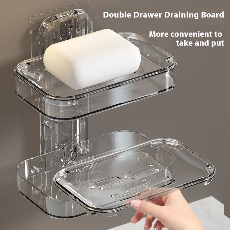Soap Box Light Luxury Transparent Wall-mounted Storage Rack Punch-free Bathroom Bathroom Load-bearing Drain Double-layer Soap Rack