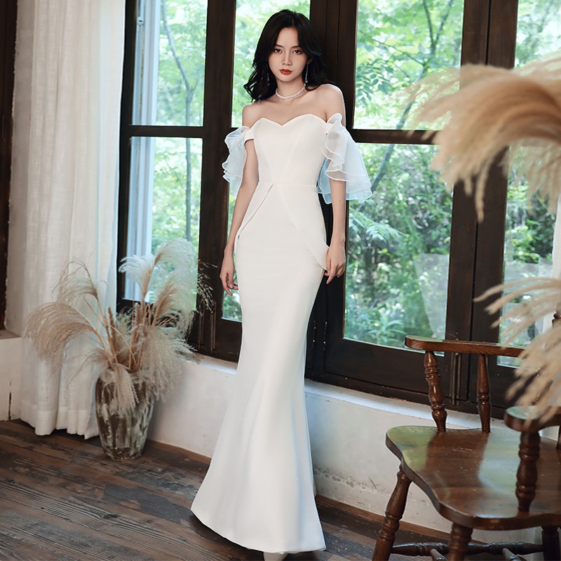 Evening Dress For Women Style Temperament Sexy One Shoulder White Fishtail Long Slim Host Banquet Dress