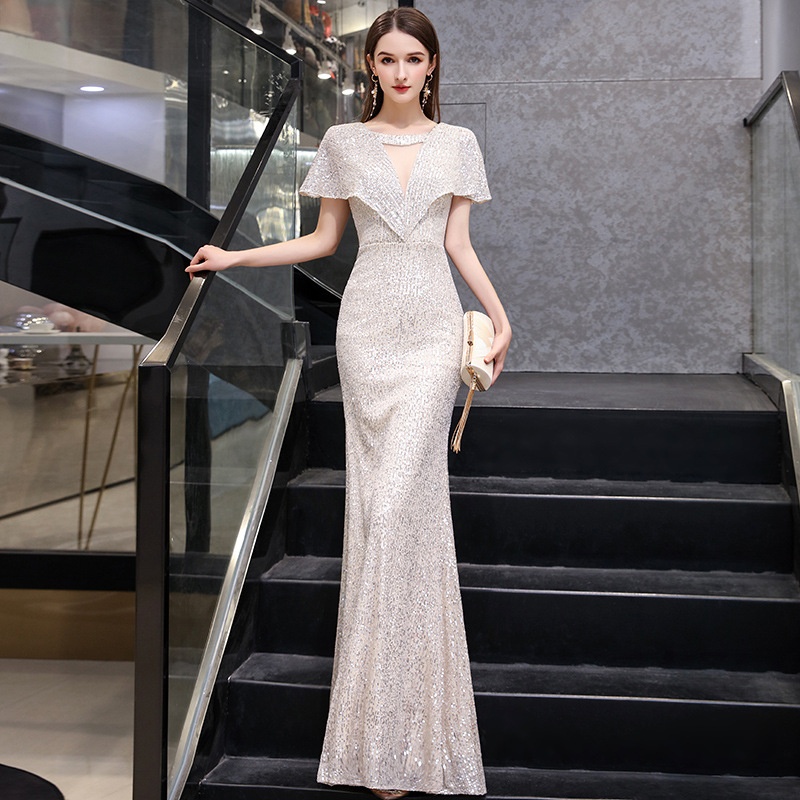 Silver Annual Meeting Evening Dress Female Summer Fishtail Banquet Temperament Host Aura Queen Dress