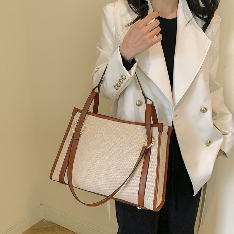 Canvas Contrast Color Shoulder Bag Women Retro Fashion Large Capacity Commuter Tote Bag
