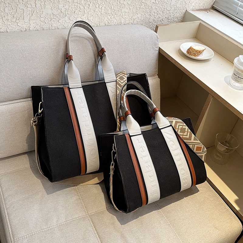 Large Capacity Canvas Contrast Color Hand-held Tote Bag For Women European And American Fashion Shoulder Messenger Bag