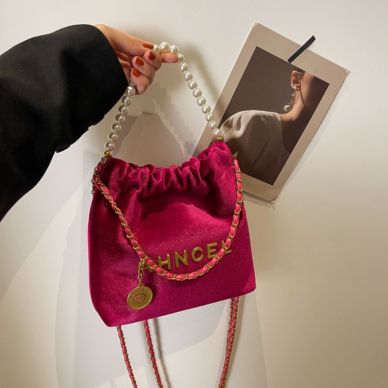 Suede Drawstring Pearl Hand-held Bucket Bag For Women Style Fashion High-end Chain Shoulder Messenger Bag
