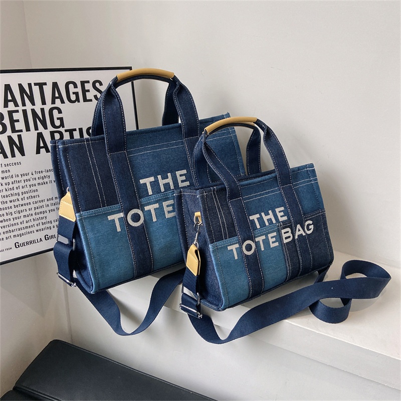 Denim Bag Women Fashion Retro Handbag Niche Stitching Embroidery Letter Shoulder Messenger Bag