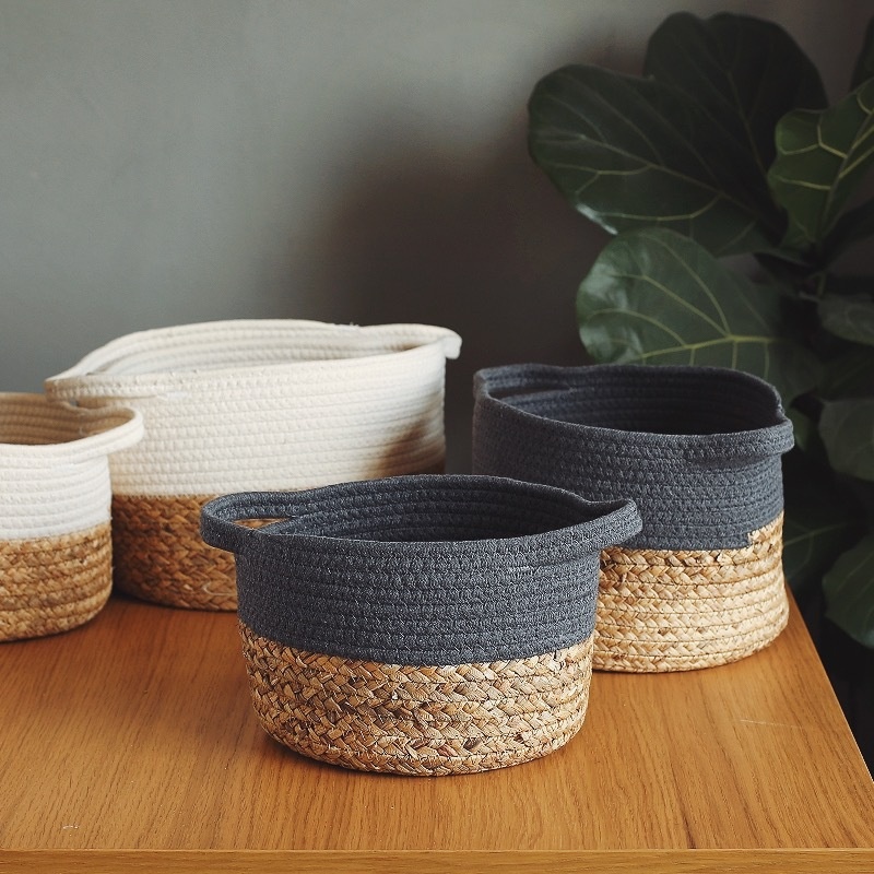 Japanese Water Hyacinth Straw Woven Cotton Thread Woven Storage Basket Portable Storage Basket Clothing Toys Desktop Storage Sundries Basket