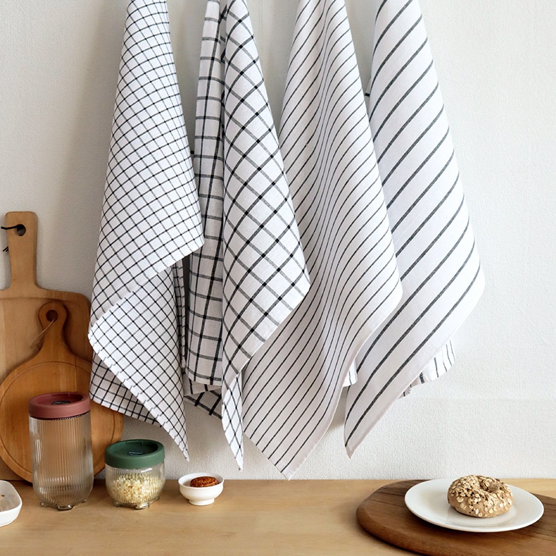 Napkin Cloth Household Kitchen Towel Cotton Plaid Striped Napkin Daily Necessities Drain Pad Black Series Tea Towel