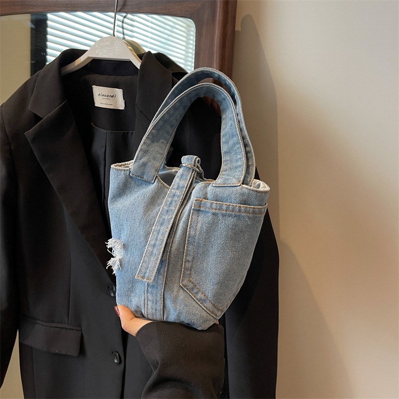 Bags For Women Popular Denim Retro Bucket Bag Niche Design Basket Hand-held Bucket Bag