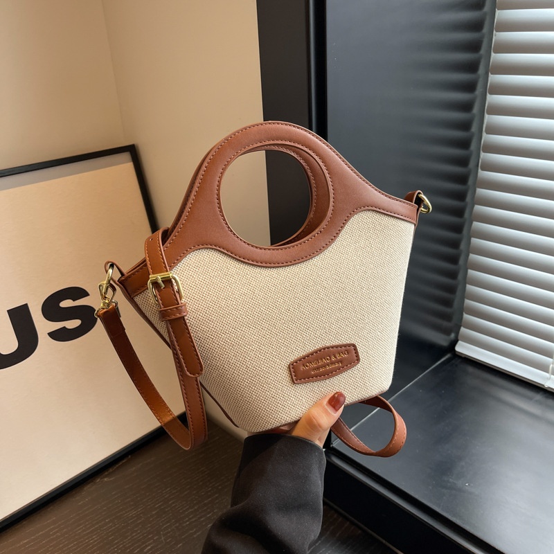 Bags For Women Korean Style Fashionable Portable Bucket Bag Niche Design Contrast Color Stitching Shoulder Messenger Bag