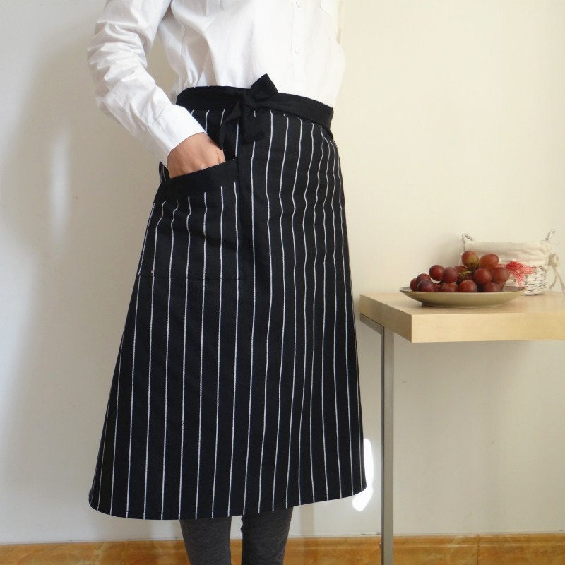 Cotton Black Blue Striped Home Kitchen Adult Half Apron
