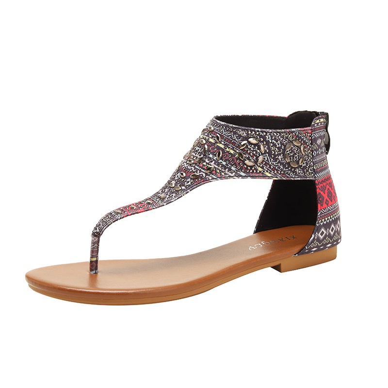Ethnic Style Flat Sandals Style Clip Rhinestone Seaside Holiday Roman Beach Shoes