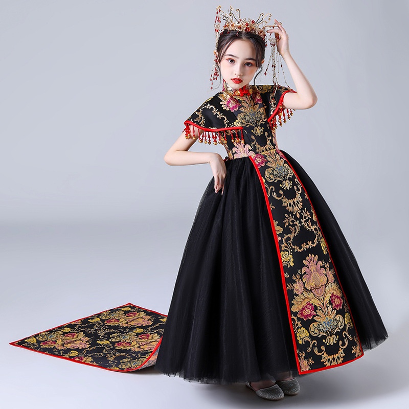 Girls Cheongsam Chinese Style Tang Suit Children's Model Fashionable Catwalk Domineering Performance Costume Big Child Tail National Tide Dress