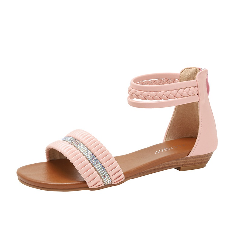 Wedge Sandals For Women Summer Round Head Rhinestone Fairy Style One-line Roman Sandals For Women