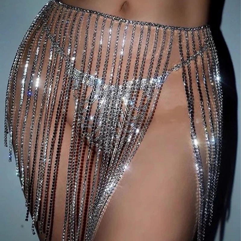 European And American Hot-selling Belly Dance Rhinestone Chain Skirt Female Fashion Sexy Full Diamond Tassel Nightclub Body Chain Accessories
