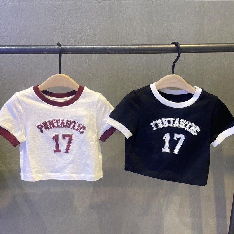 Summer Girls Short-sleeved T-shirt Baby Stylish Children's Personality Brand Color Matching Letters Korean Version Of Short Fashionable Tops