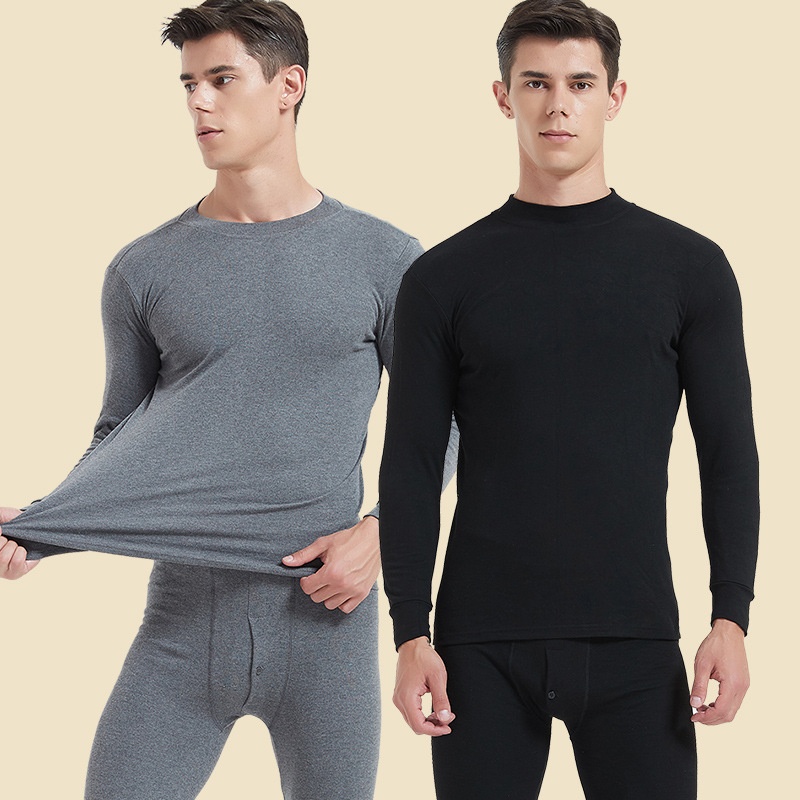 Men's Autumn Clothes And Autumn Trousers Suit Round Neck Thermal Underwear Autumn Pure Cotton Men's Winter Mid-neck Large Size Bottoming Cotton Sweater