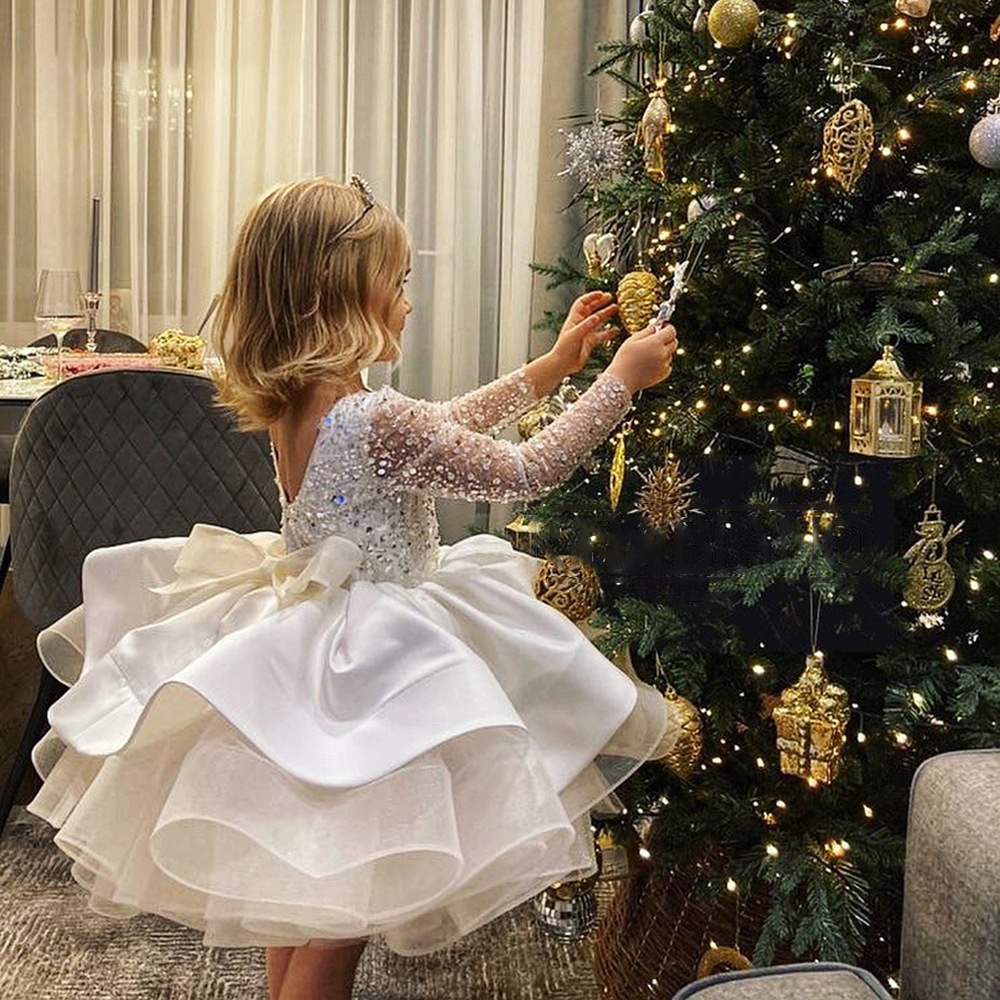 Children's Dress11 White Long-sleeved Lace Sequined Performance Costume Little Girl Birthday Party Foreign Trade Dress