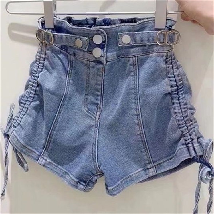 Girls High Waist Shorts Korean Style Spring And Summer Girls Tencel Denim Shorts Medium And Large Children's Clothing Fashionable Light Blue Lace-up Multi-button