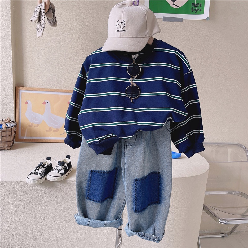 Flathead Korean Children's Color Matching Wide-leg Jeans Contrast Color Loose Casual Trousers Boys And Girls Children's Autumn