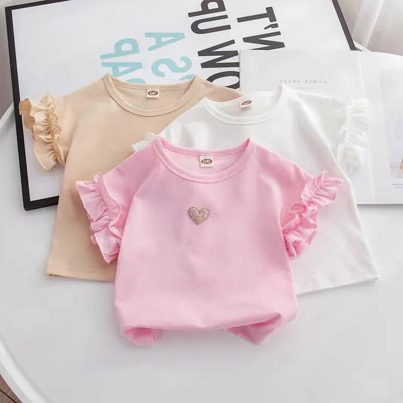 Girls Summer Short-sleeved T-shirt Baby Stylish Children's Personality Korean Style Lace Trumpet Sleeve Love Solid Color Top