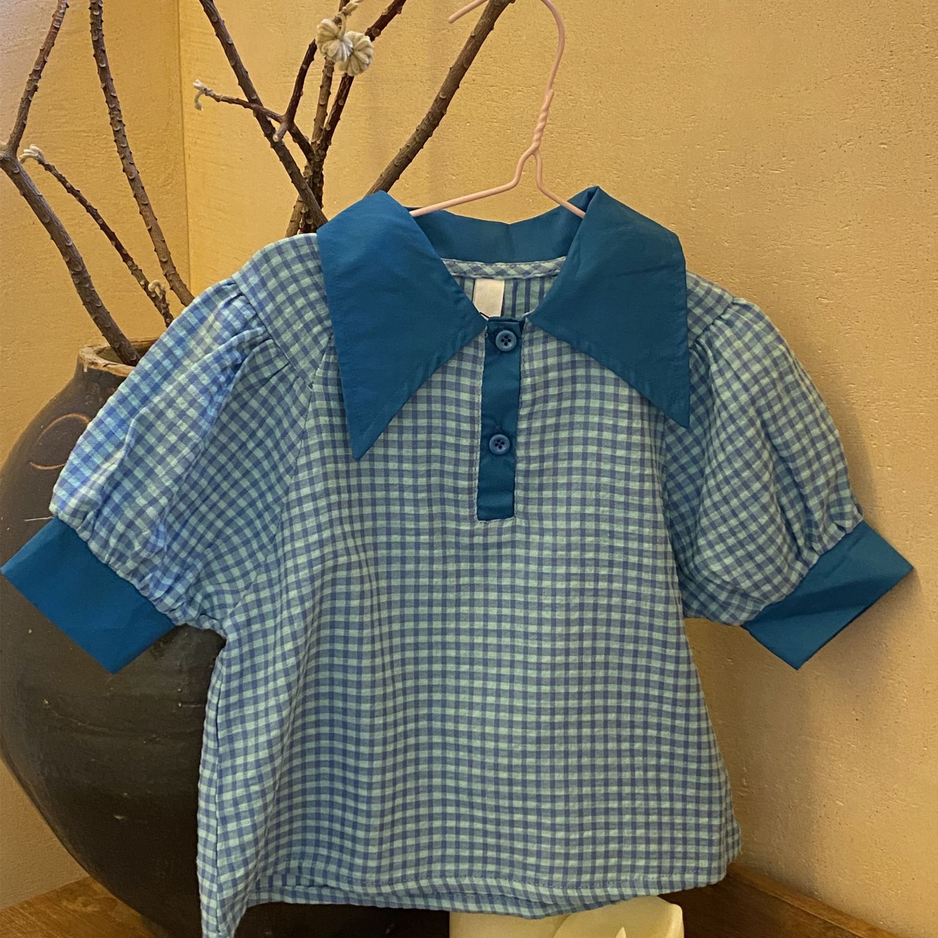Laibaobao Summer Korean Children's Clothing Korean Version Refreshing Thin Blue Plaid Medium Children's POLOShirt T-shirt