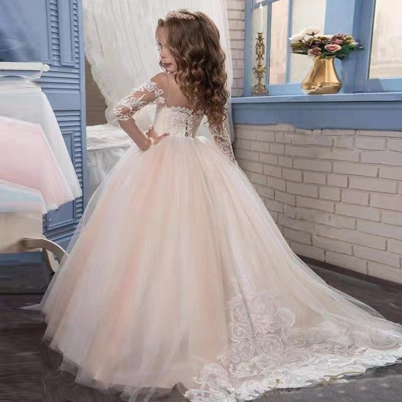 Girls Wedding Dress With Train,Tutu,Piano Performance,Flower Girl Dress,Long-sleeved Princess Dress,Children's Dress With Train