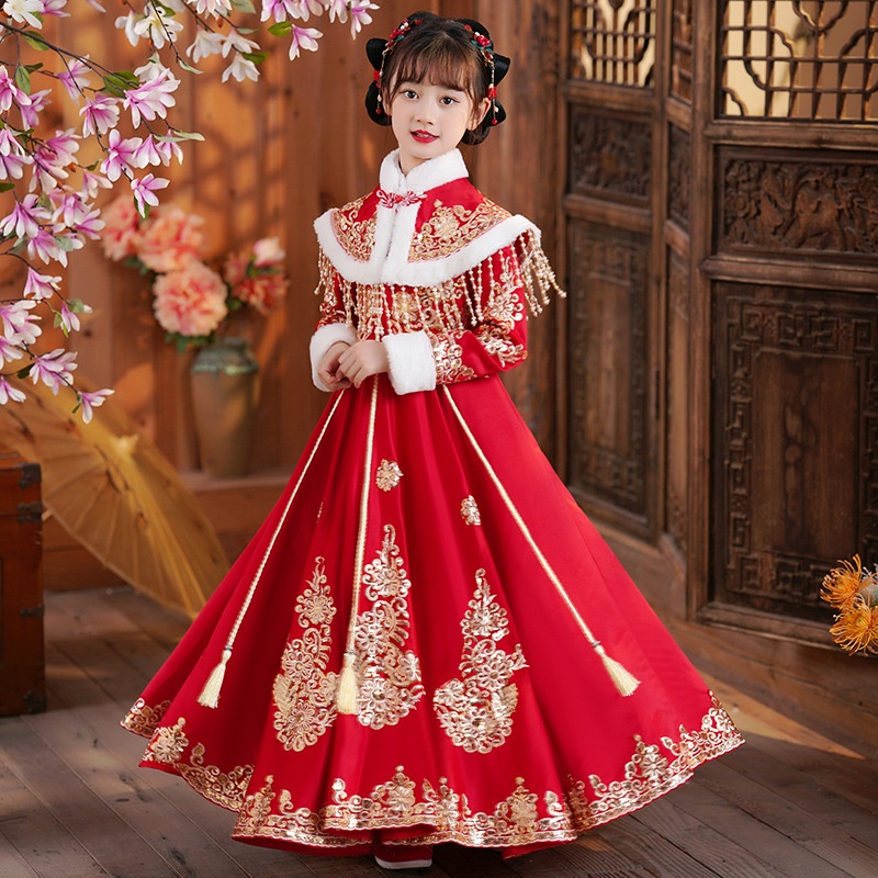Girls'Year's Greeting Dress,Style In Winter,Chinese Style Dress,National Tide Year's Dress,Children's Winter Dress,Plus Velvet Hanfu Dress