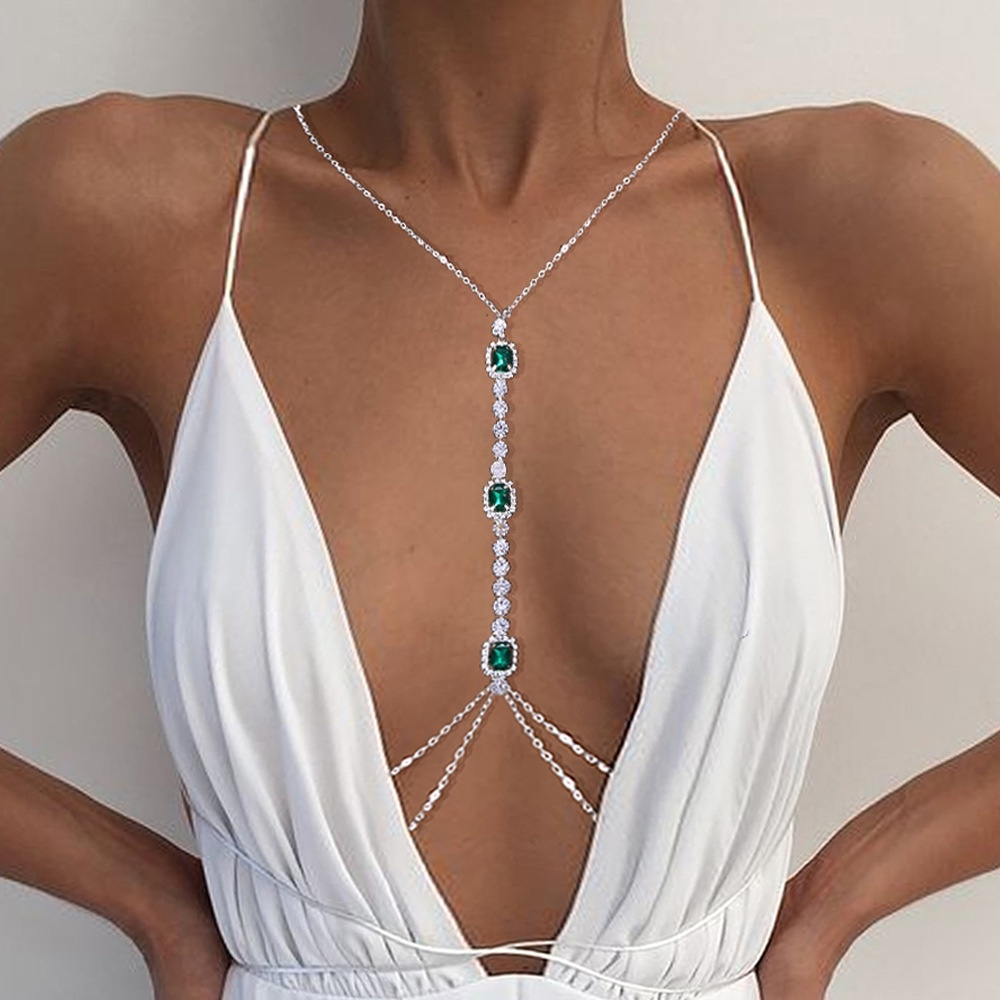European And American Rhinestone Emerald Chest Chain Women's Sexy Fashion Simple Bikini Body Chain Body Chain