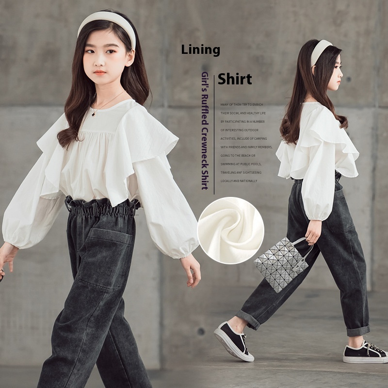 Girls Autumn Shirt Children's Loose Round Neck Long-sleeved Tops For Middle And Large Children Korean Version Parent-child Shirt