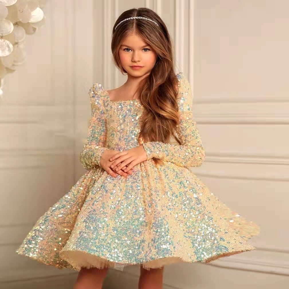 Girls Evening Dress Children Host Princess Dress Puffy Long Sleeve Dress Sequined Catwalk Performance Dress Autumn And Winter
