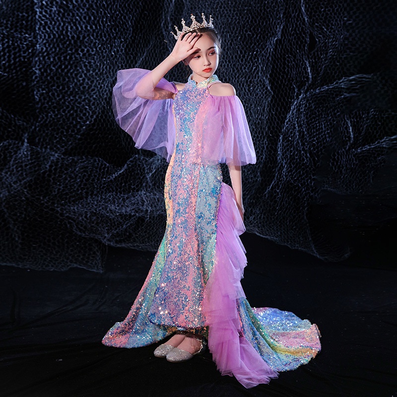 Girls Catwalk Performance Costumes Children Host Trailing Evening Dress Fishtail Princess Dress Girl Birthday Stylish Sequ