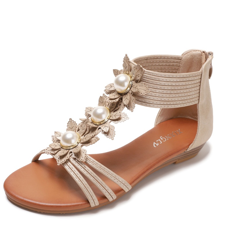 Sandals For Women To Wear Outside Summer Bohemian Retro Flower Wedge Heel Roman Shoes